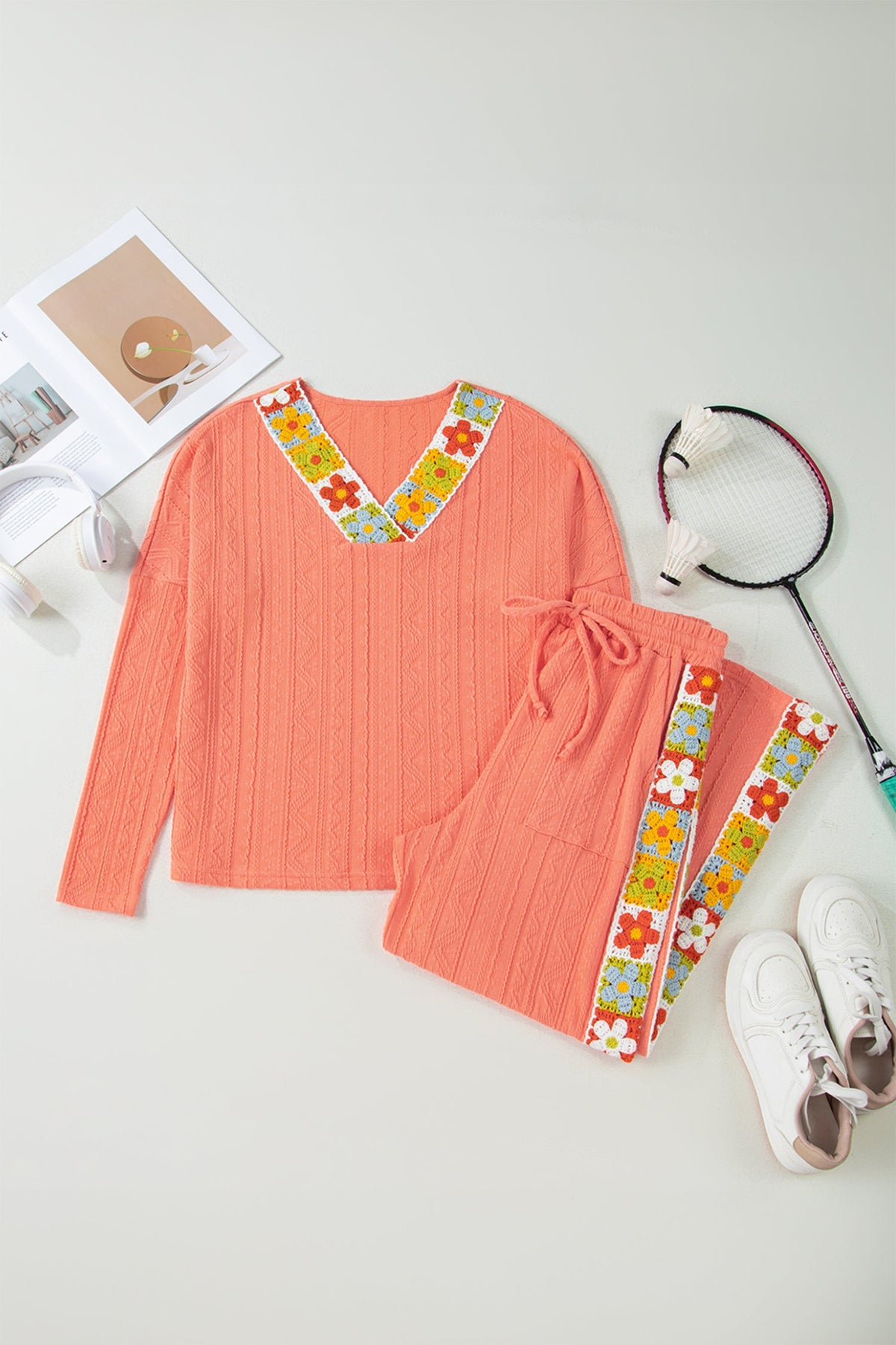 Floral Crochet Trim Textured Top and Pants Set