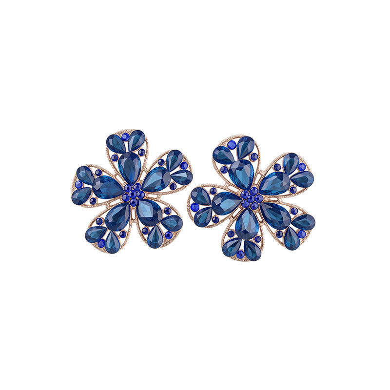 Womens Exaggerated Large Flower Rhinestone Stud Earrings,Heavy Craft Style Light Luxury Party Fashion Earrings