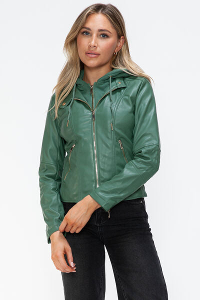 Women's Faux Leather Zip-Up Hooded Jacket Casual Urban Streetwear