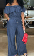 Off Shoulder Tie Waist Jumpsuit with Ruffle Trim and Wide Leg