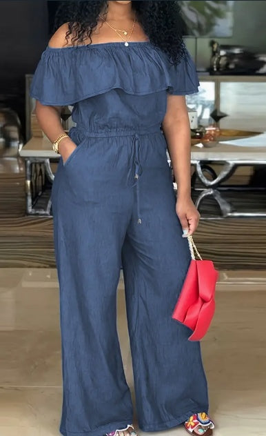 Off Shoulder Tie Waist Jumpsuit with Ruffle Trim and Wide Leg