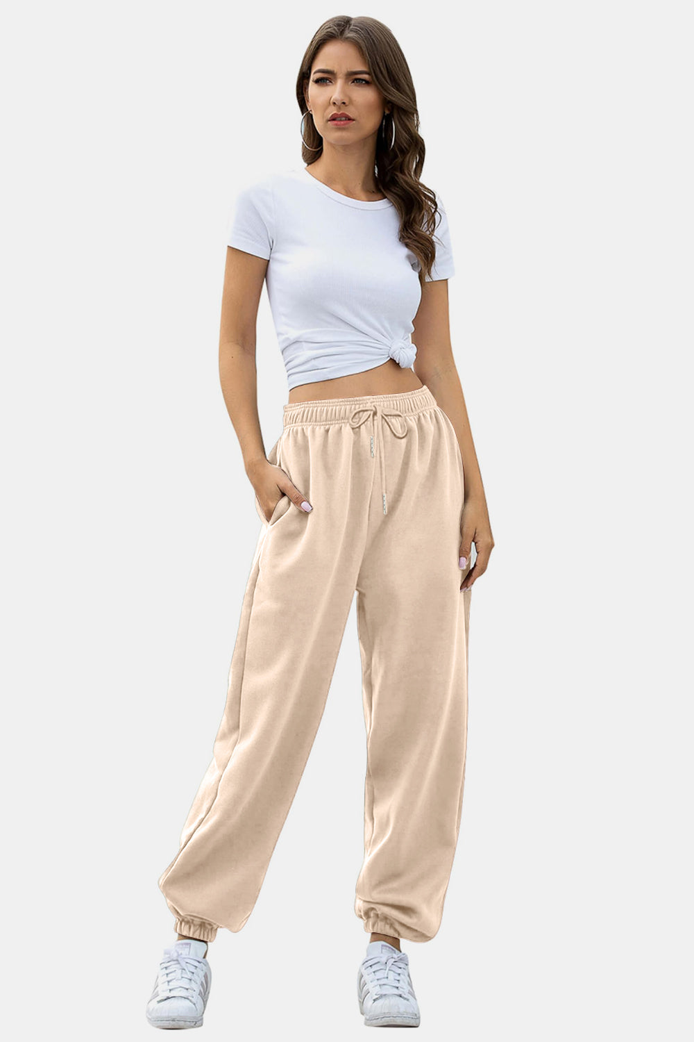 Women's Black Elastic Waist Jogger Pants with Side Pockets - Image 18