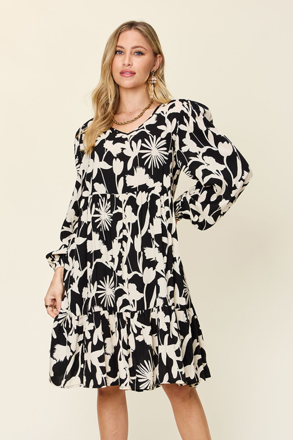 Printed Ruffle Hem Dress with Functional Pockets