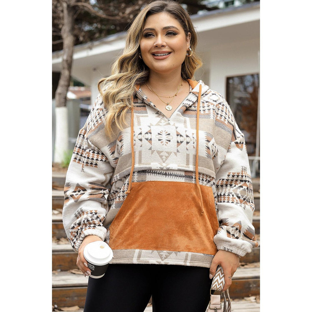 Geometric Print Kangaroo Pockets Hoodie | Relaxed Fit Knit