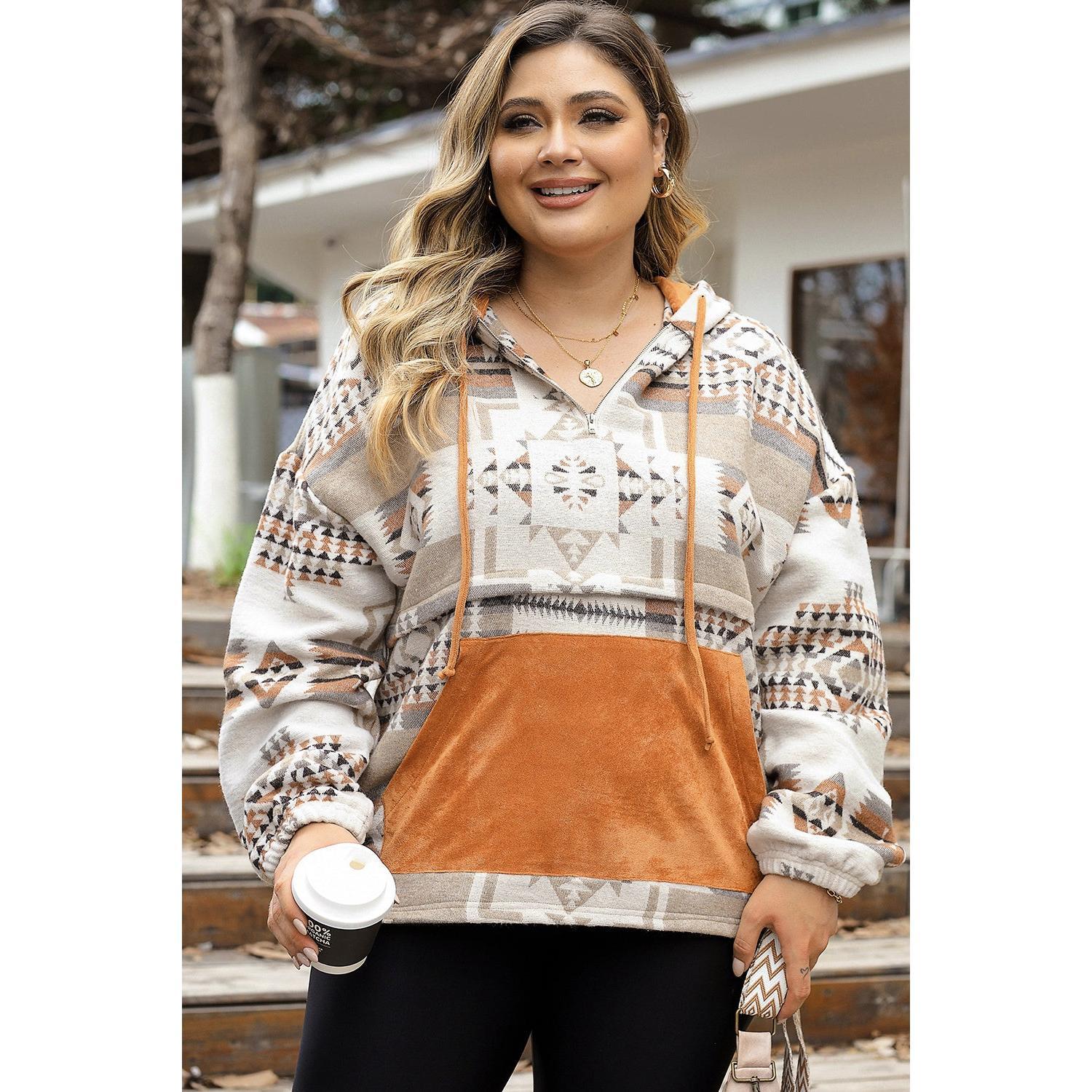 Geometric Print Kangaroo Pockets Hoodie | Relaxed Fit Knit