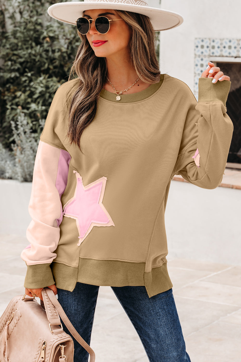 Star Patchwork Reverse Seam Drop Shoulder Sweatshirt
