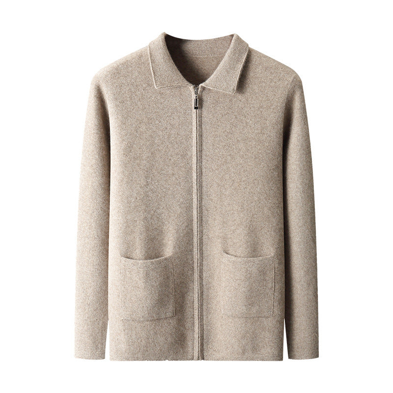 Men's Zip-Front Knit Cardigan Sweater Coat in Neutral Tones