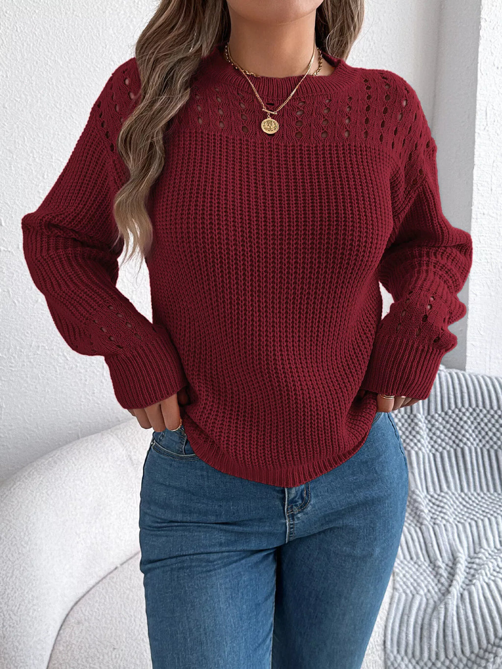 Openwork Round Neck Long Sleeve Sweater