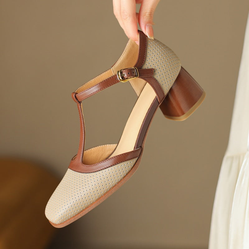 Women's Leather T-Strap Mule Sandals Vintage Inspired