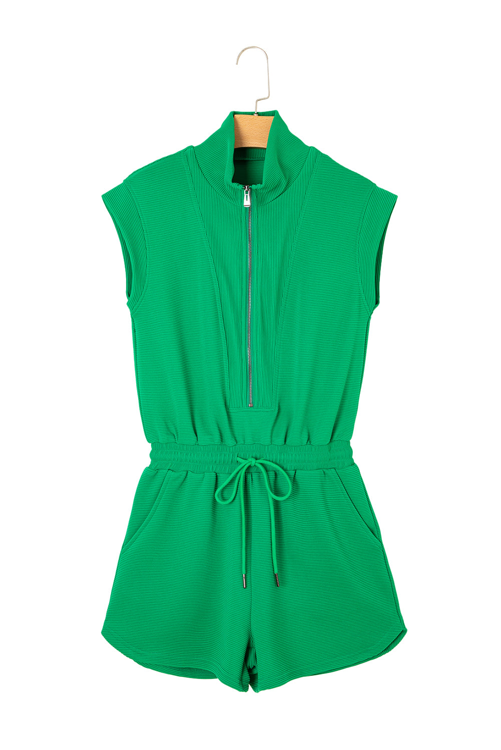 Bright Green Textured Short Sleeve Half Zip Romper