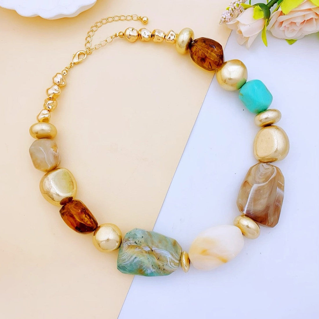 Irregular Acrylic Statement Necklace with Gold Metallic Beads