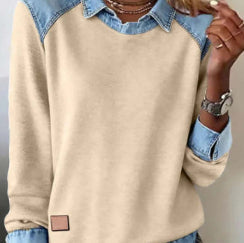 Denim Collar Patchwork Knit Pullover – Women’s Street Style Top