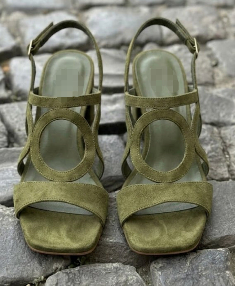 Suede Hollow-Out Pointed Toe Stiletto Sandals with Buckle Strap