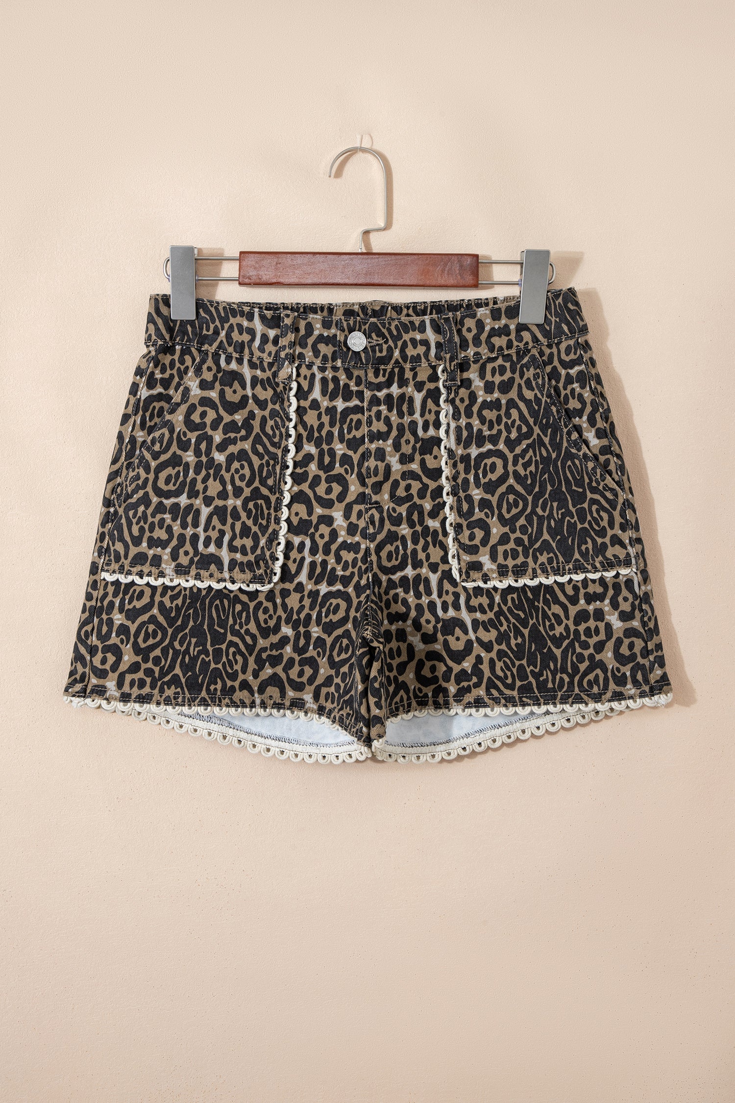 Women's Leopard Print Denim Shorts with Scalloped Lace Trim