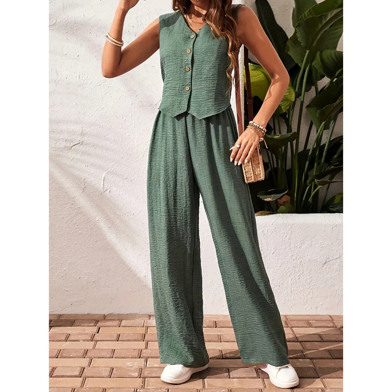 Women’s V-Neck Crop Vest and Wide-Leg Pants Matching Set