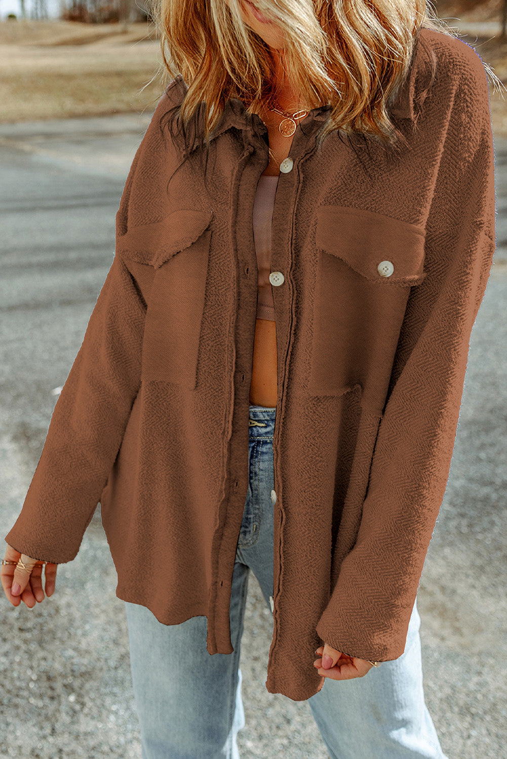 Women's Solid Reverse Seam Button-Front Terry Shacket in Brown