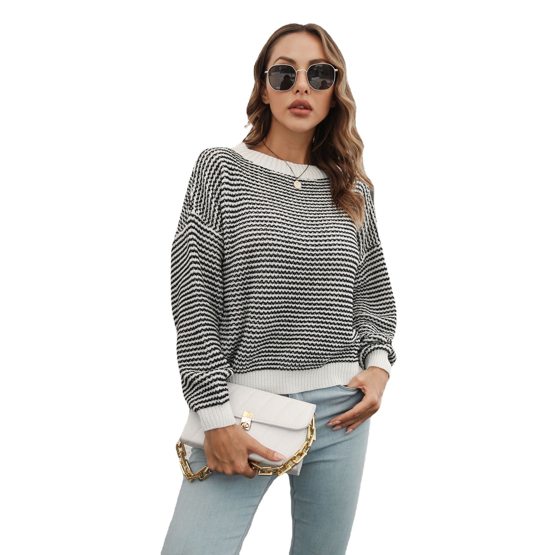 Women's Black and White Striped Long Sleeve Loose Pullover Sweater