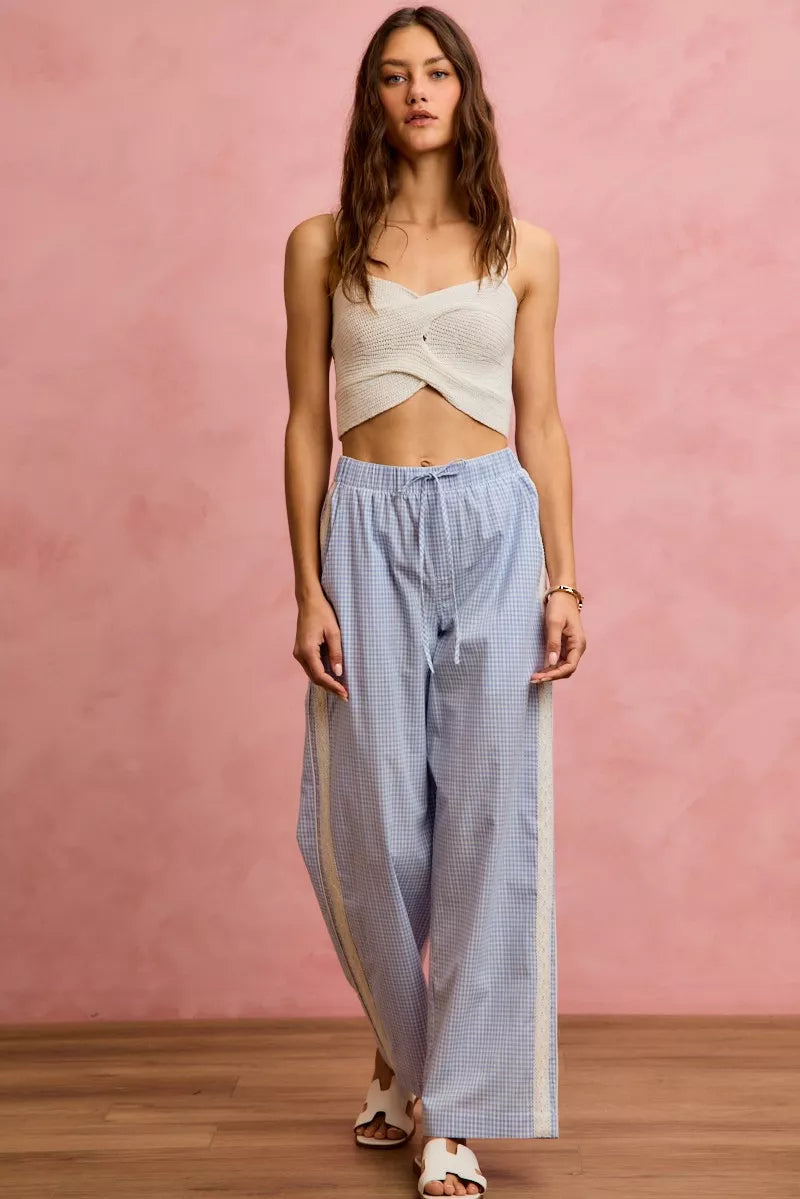 Women's Wide Leg Check Pants with Lace Trim in Light Blue White