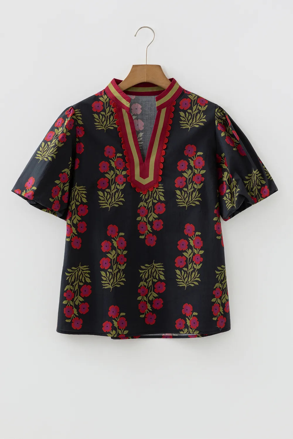 Women's Floral Embroidered Blouse with Bubble Sleeves