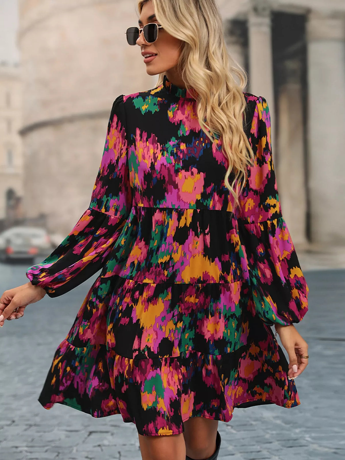 Printed Balloon Sleeve Mini Dress