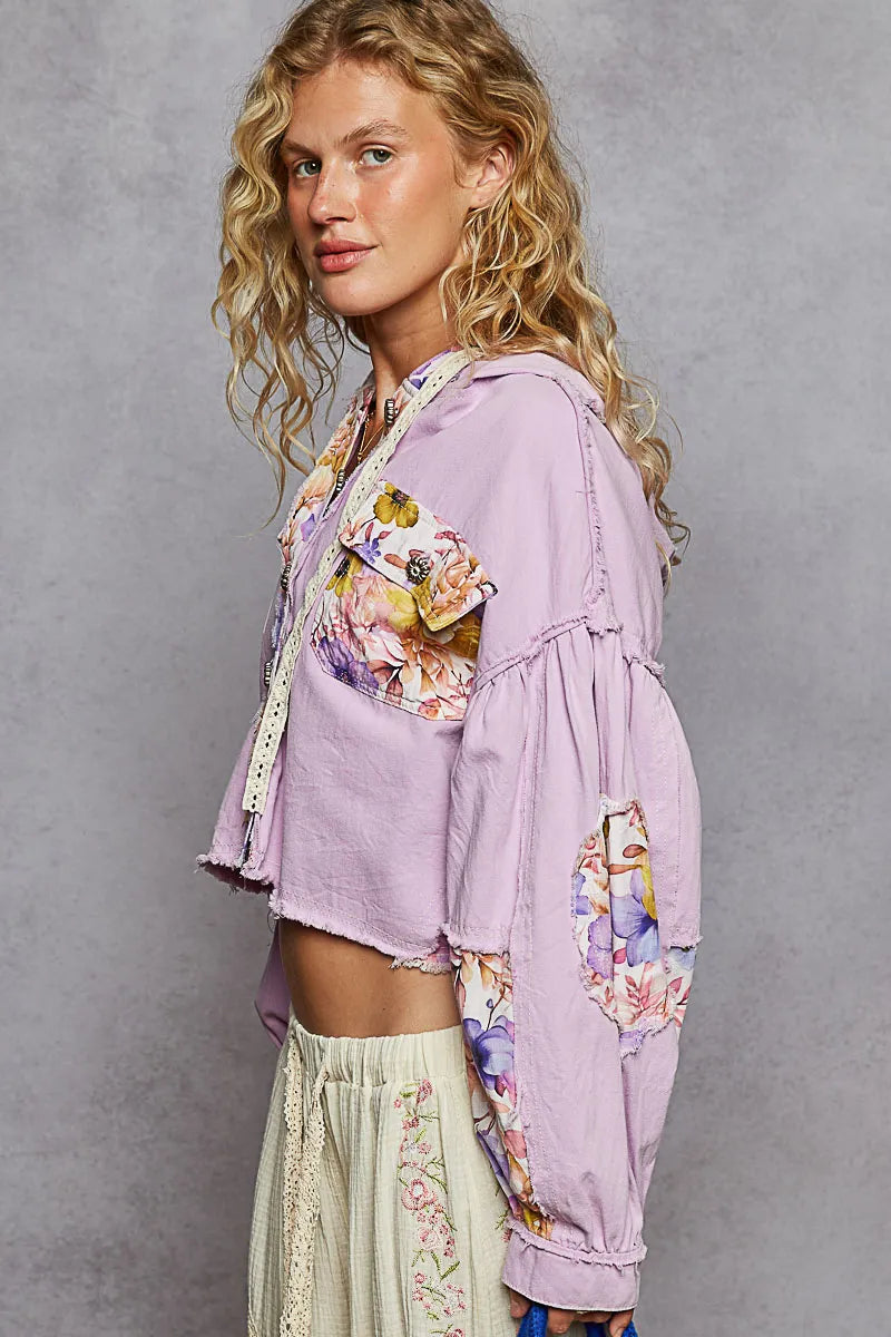 POL Raw Hem Floral Print Cropped Hooded Jacket