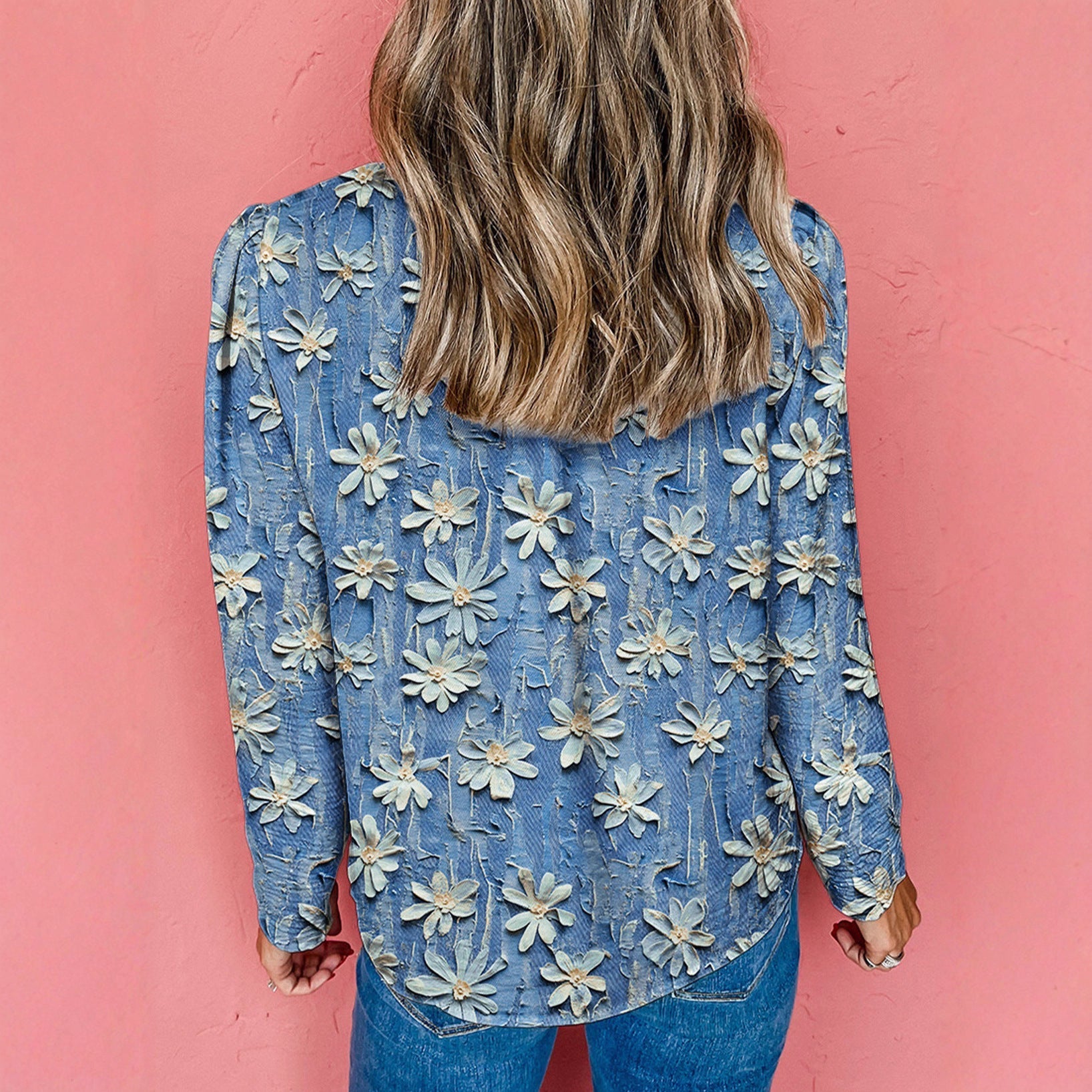 Women's Blue Floral Print Long-Sleeve Button-Up Blouse - Image 3