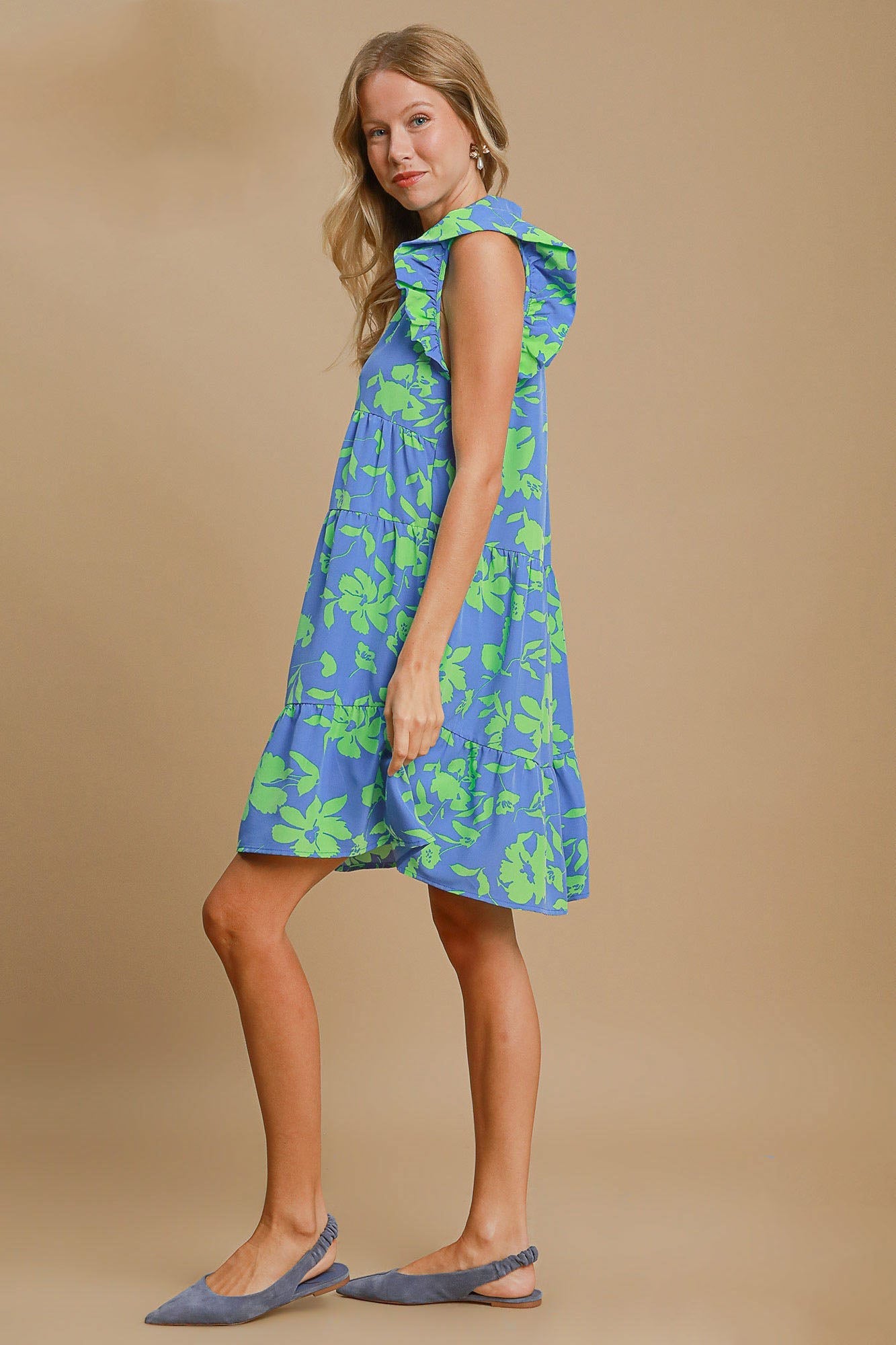 Blue and Green Floral Ruffle Cap Sleeve Dress