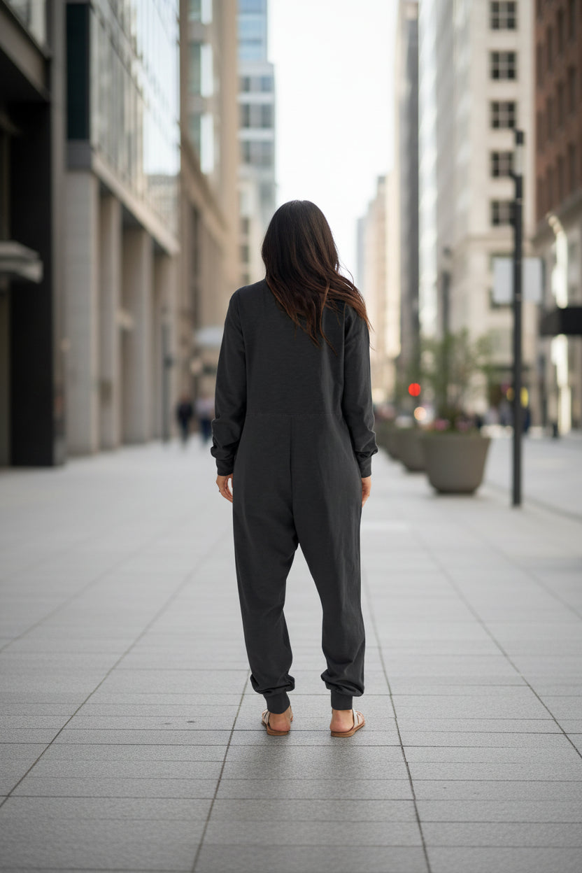 Women’s V-Neck Long Sleeve Solid Color Jumpsuit with Pockets