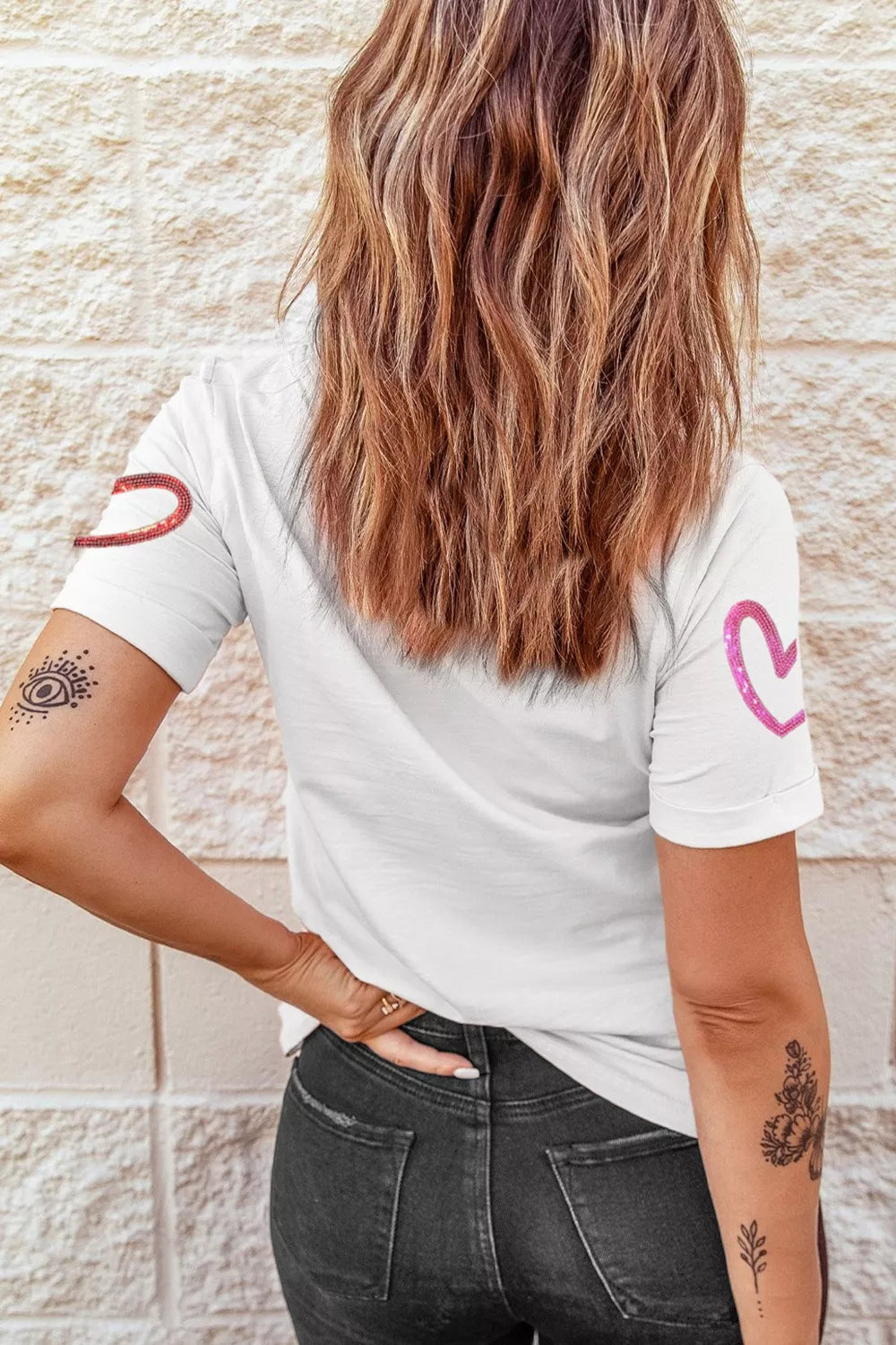 Sequin Heart Short Sleeve Casual Tee | Women's Crew Neck