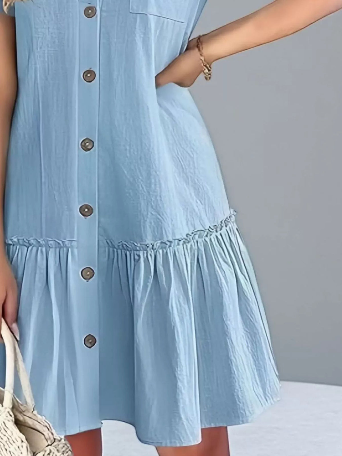 Full Size Button-Front Short Sleeve Tiered Dress Plus Size