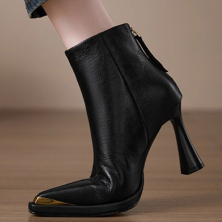 Women’s Pointed-Toe Ankle Boots with Gold Tip and Flared Heel - Image 4