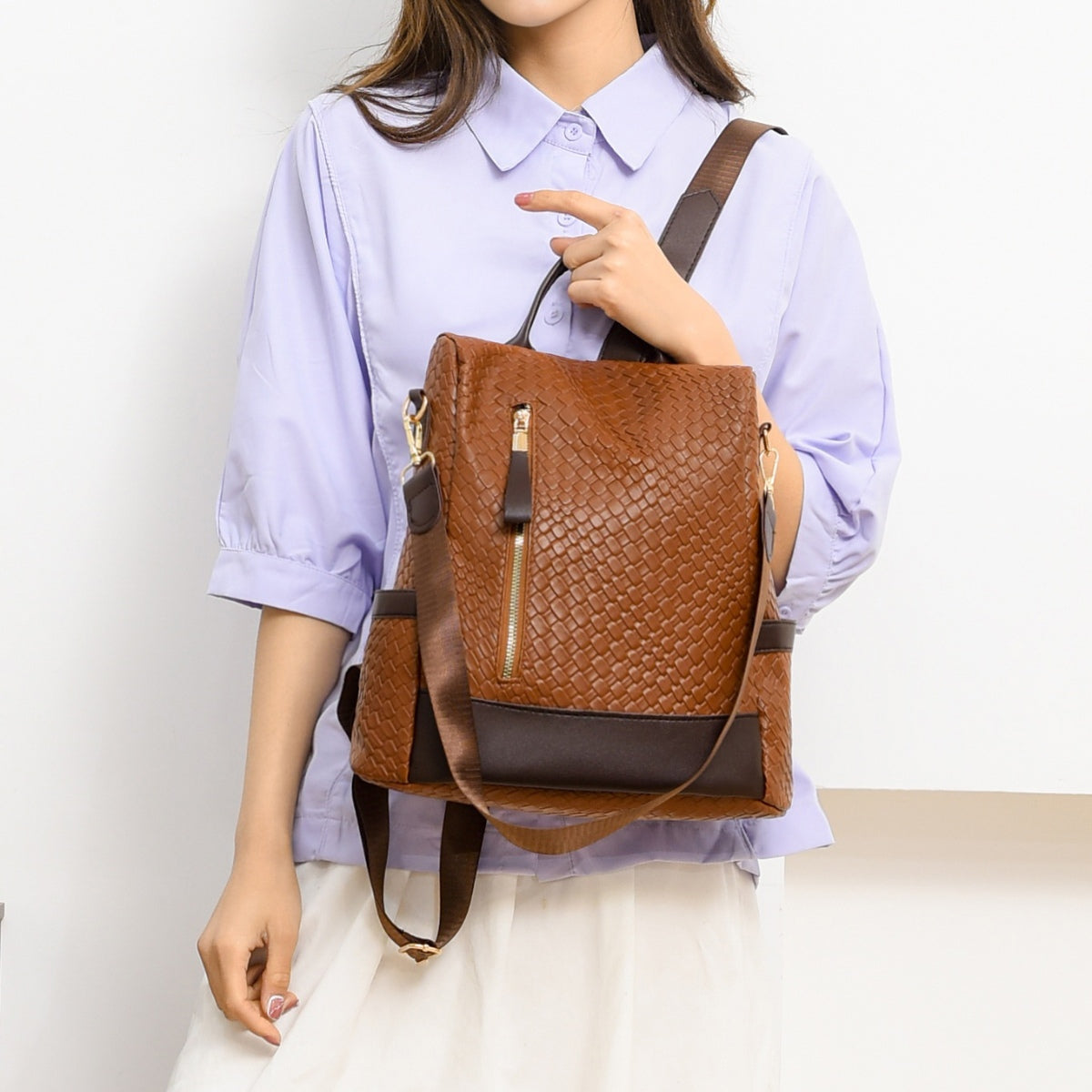 Woven Texture PU Leather Backpack Convertible Shoulder Bag