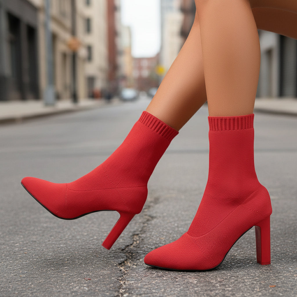 Women’s Chunky-Heeled Knitted Ankle Boots Pointed Toe