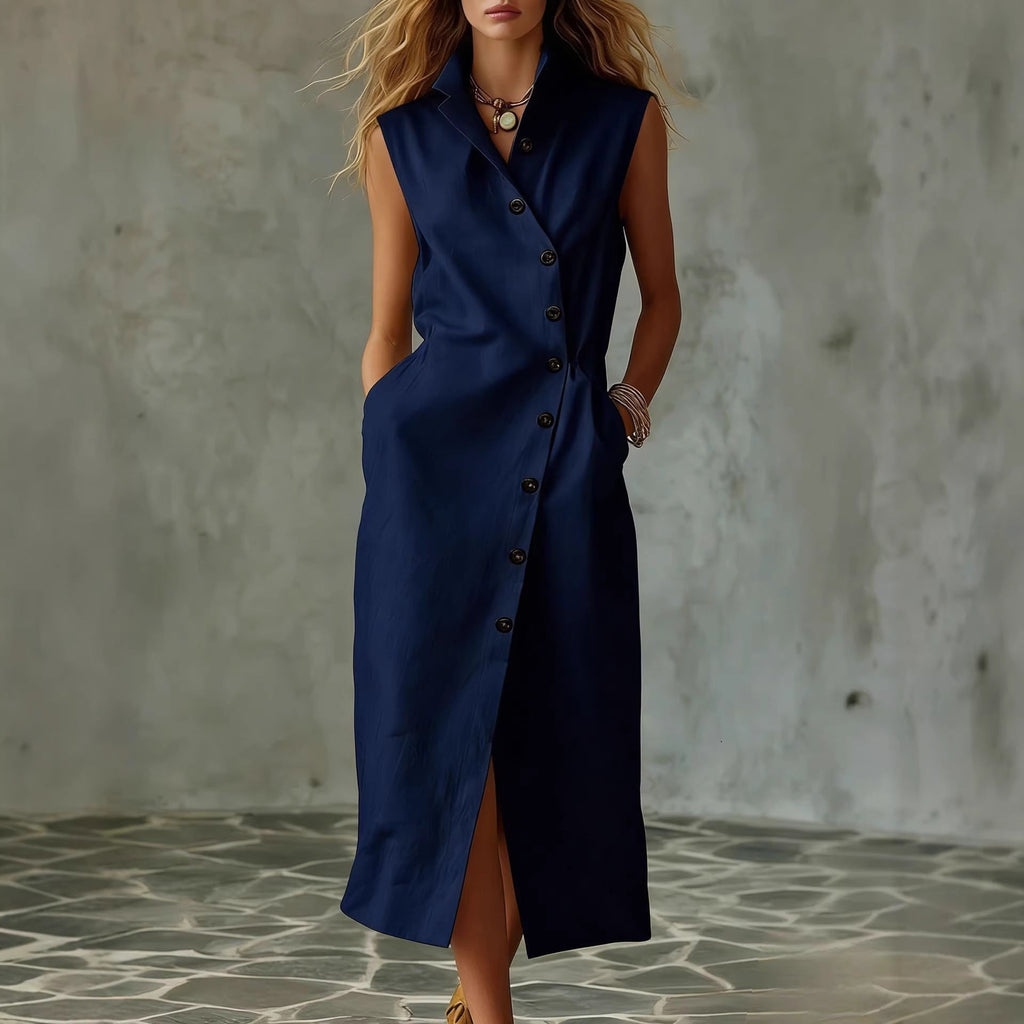 Women's Sleeveless Stand Collar Midi Dress with Button Front - Image 3
