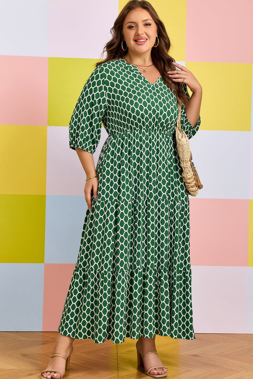 Johanna Ruffle Hem Geometric Print V-Neck Midi Dress