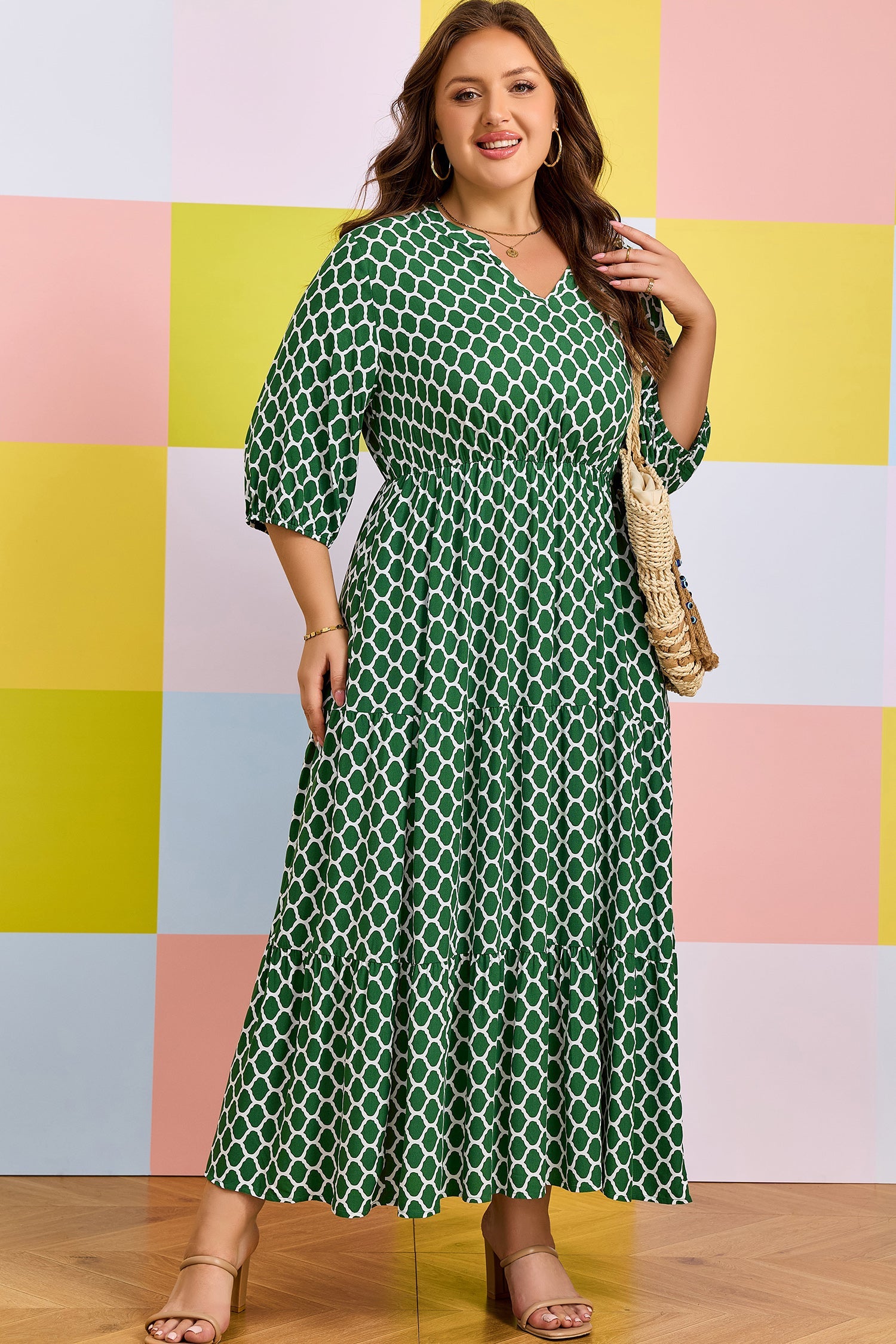 Johanna Ruffle Hem Geometric Print V-Neck Midi Dress