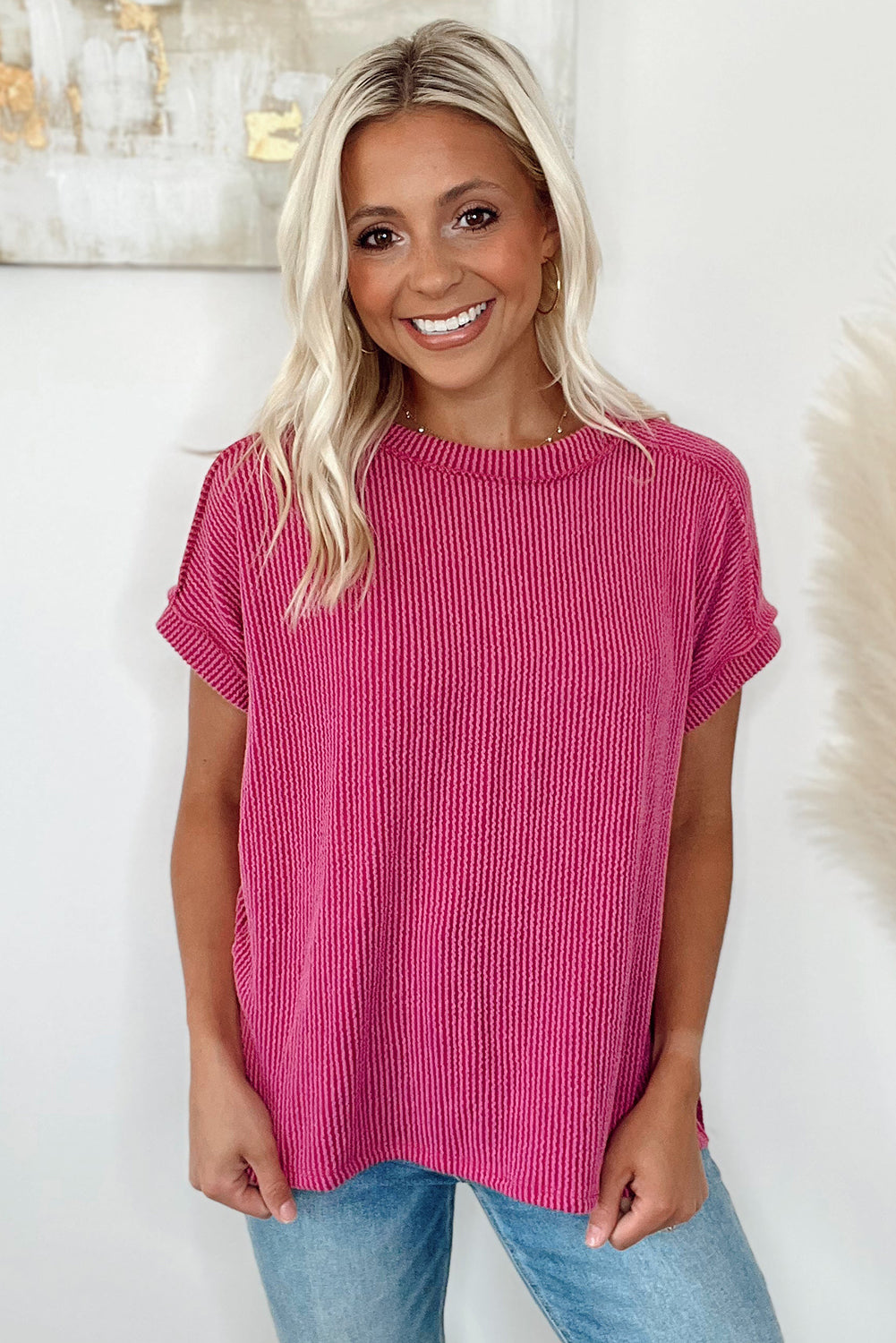 White Crinkle Rib Textured Knit Round Neck T-Shirt