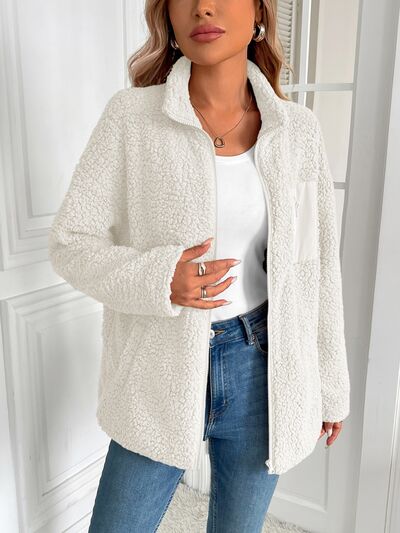 Fuzzy Zip-Up Long Sleeve Jacket Soft Plush Winter Outerwear