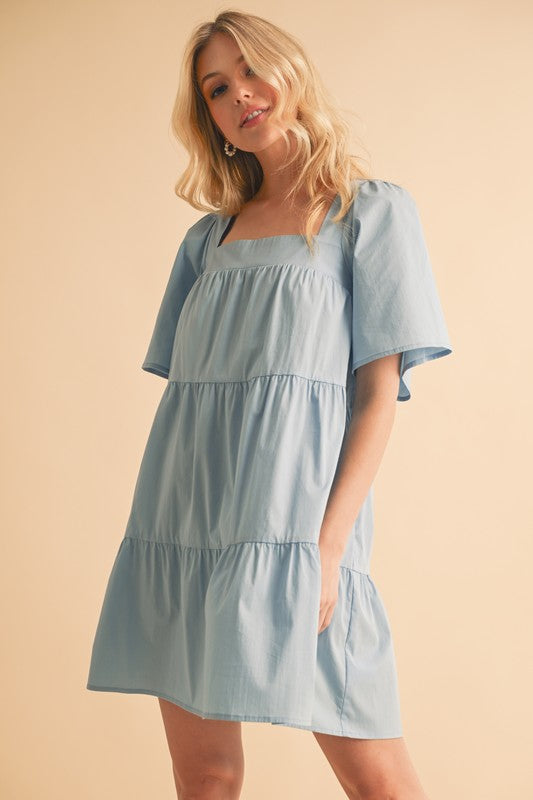Light Blue Cotton Square Neck Tiered Summer Midi Dress