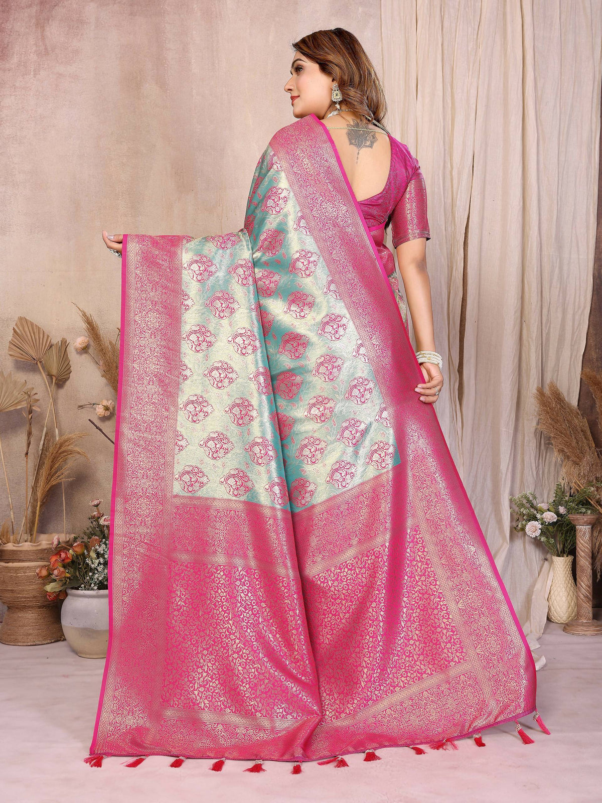 Aqua Banarasi Tissue Silk Saree with Pink Blouse - Traditional Weave