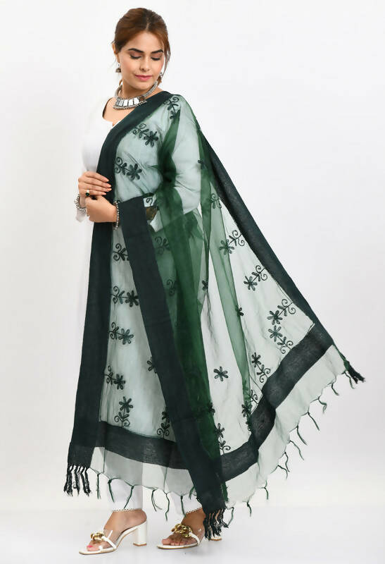 Bottle Green Organza All Over Chikan Work Floral Dupatta