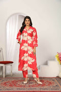 Women wearing a pink floral print straight rayon kurti with a V-neck and matching pants