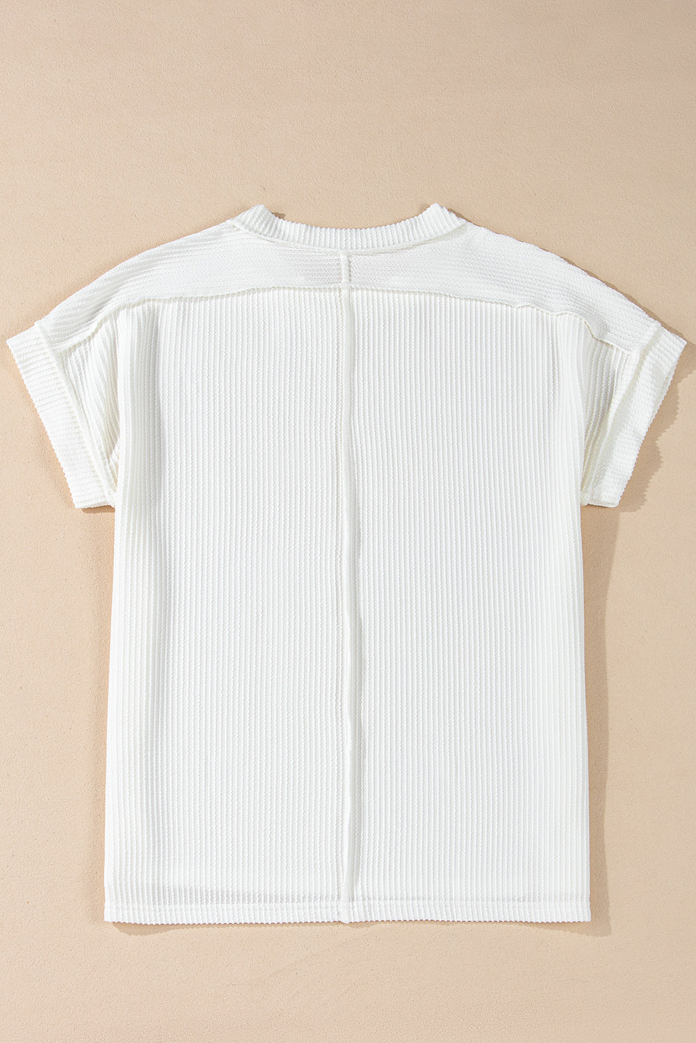 White Crinkle Rib Textured Knit Round Neck T-Shirt