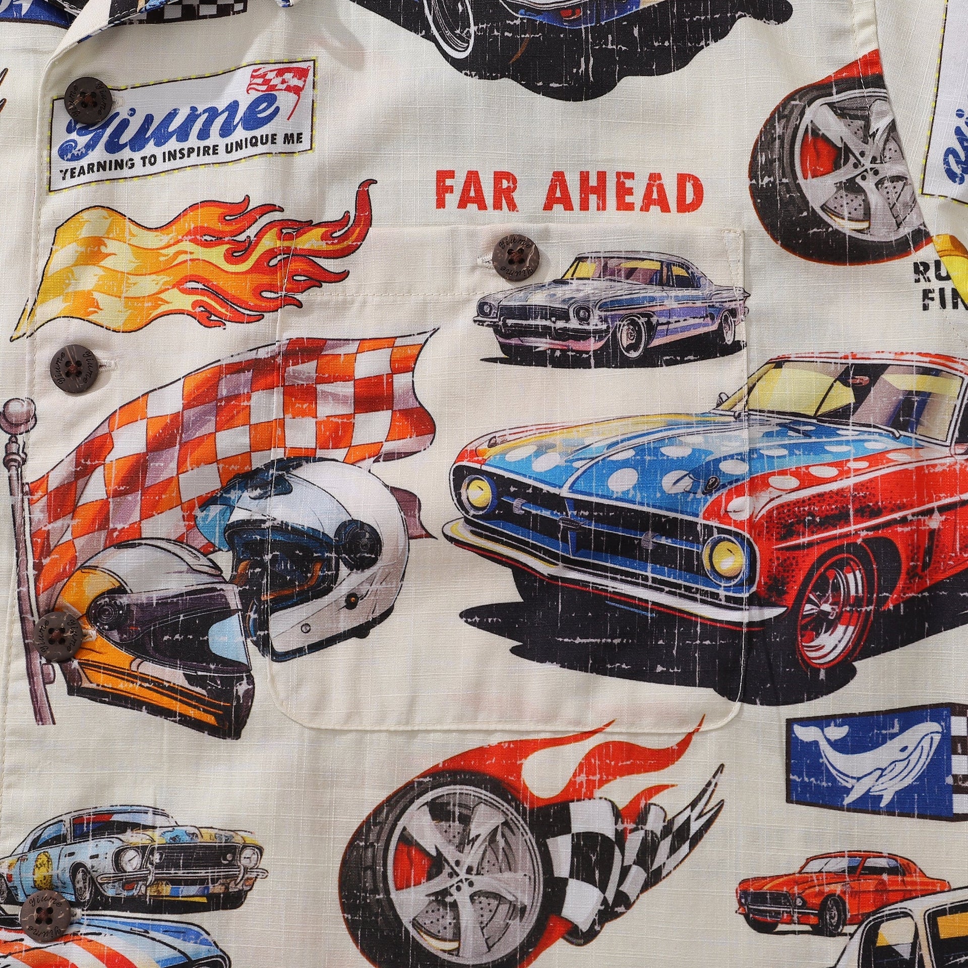 Men's Cotton Hawaiian Shirt Racing Flames Print Camp Collar