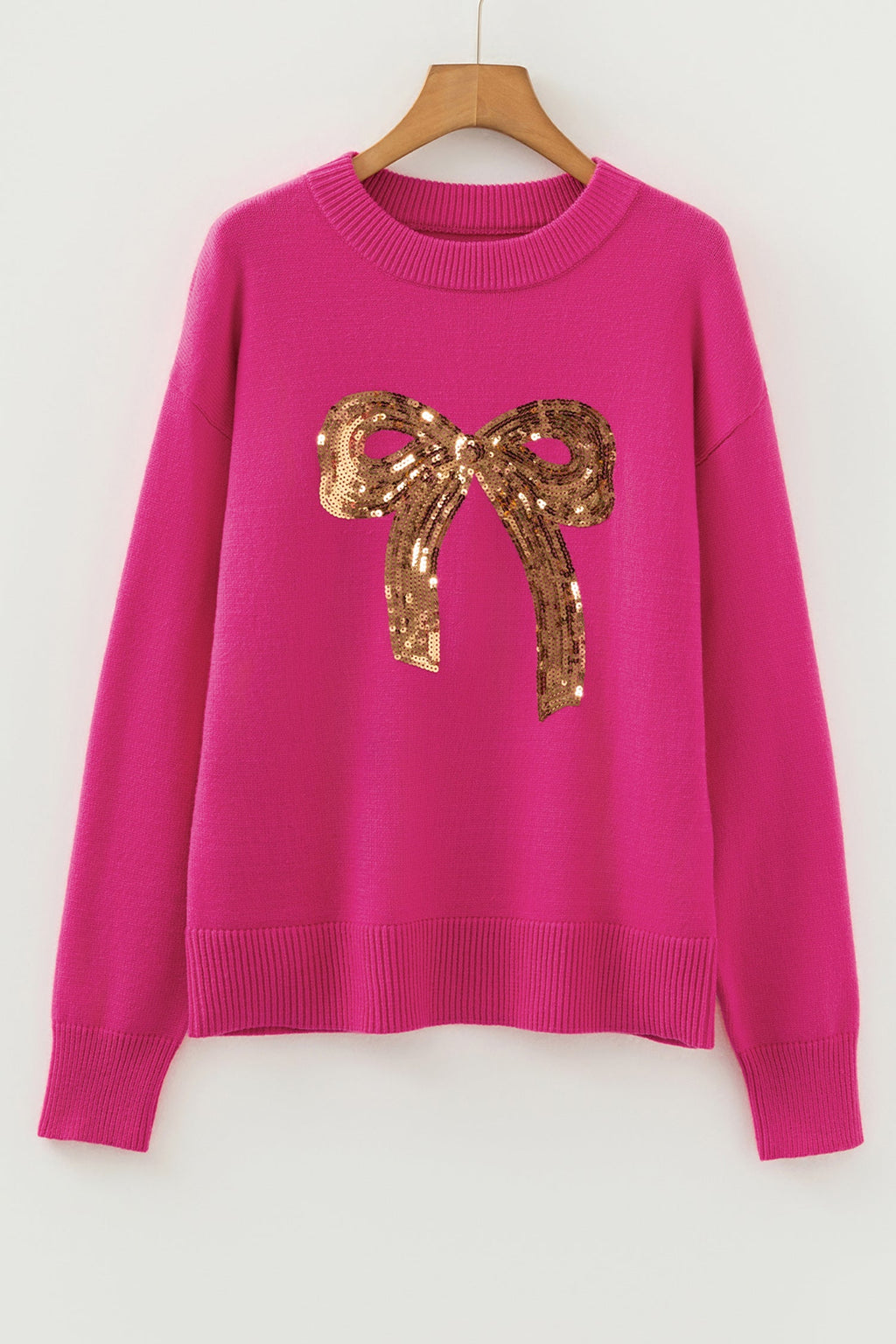 Christmas Sequin Bow Ribbed Trim Sweater