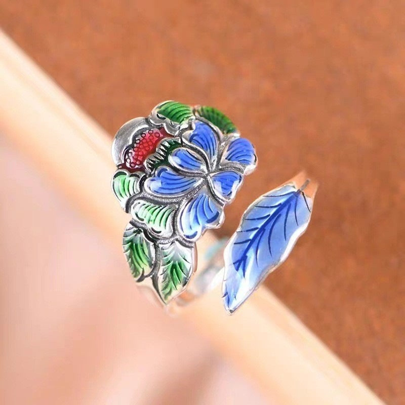 Vintage Thai Silver Tone Alloy Open Ring For Women, Enamel Peony Lotus Flower Ethnic Style Adjustable Finger Jewelry