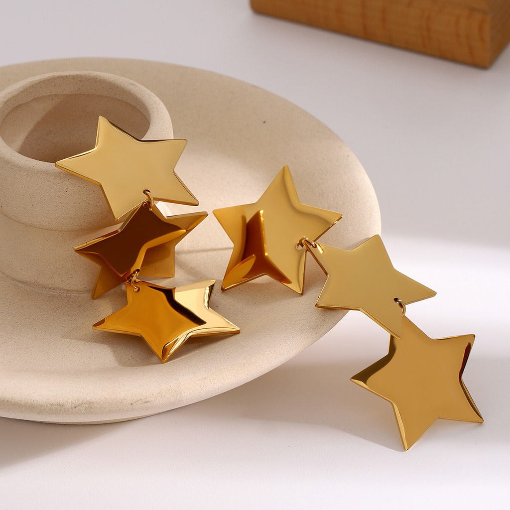 18K gold stylish five-pointed star with three-layer design earrings