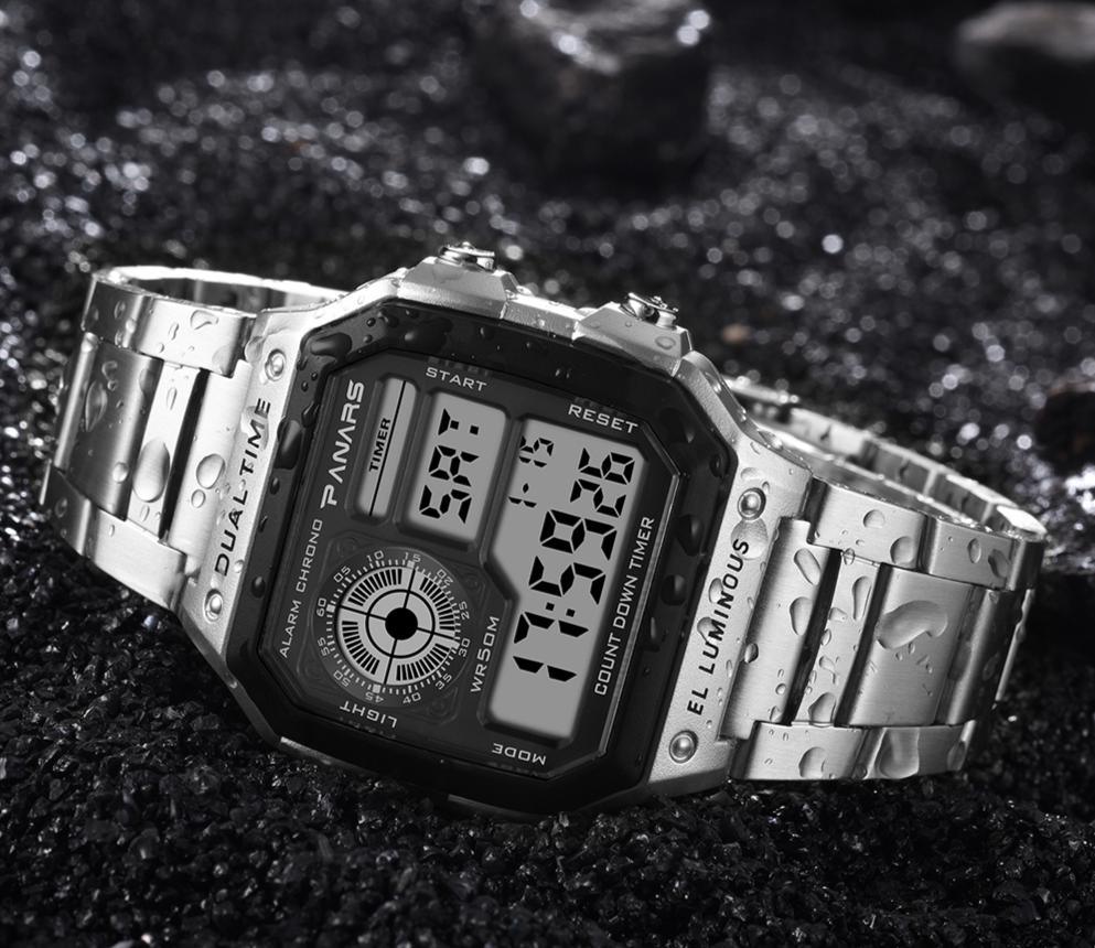 Unisex Retro Square Digital Sport Watch with Stainless Steel Band