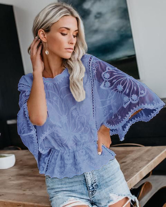 Women's Lace Trim Batwing Sleeve Blouse Elegant Summer Top - Image 5