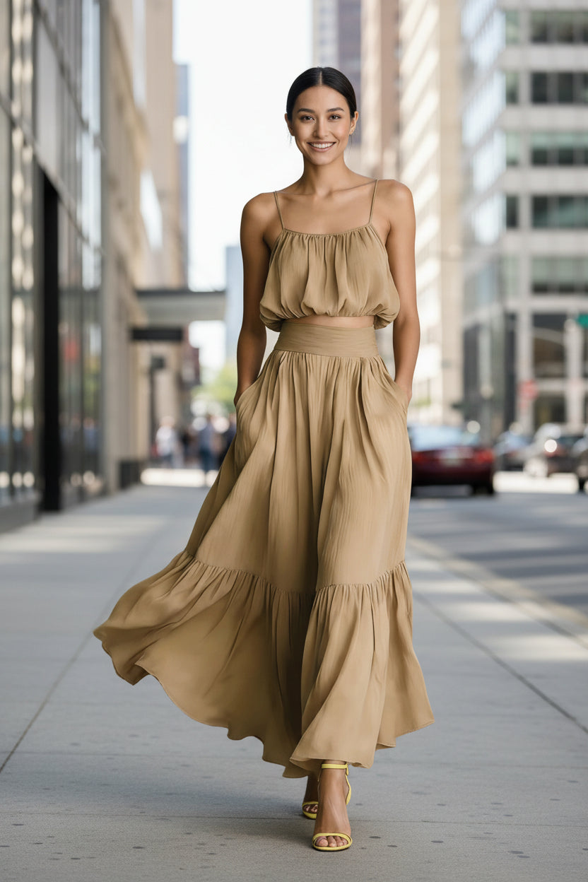 Model wearing a two-piece set consisting of a spaghetti strap crop top and a high-waisted flared midi skirt.